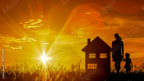 Silhouette of happy family with two children inside a house, sun rays through the roof.