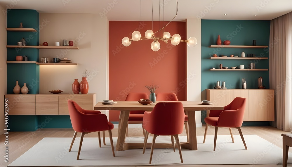Interior of a modern dining room with wooden table and red chairs against a beige wall, featuring a sideboard Interior of a modern dining room with wooden table and red chairs against a beige wall, featuring a sideboard