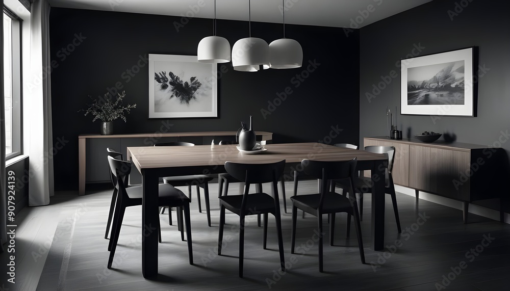 Interior of a modern dining room with a dining table and wooden chairs against a black wall Interior of a modern dining room with a dining table and wooden chairs against a black wall