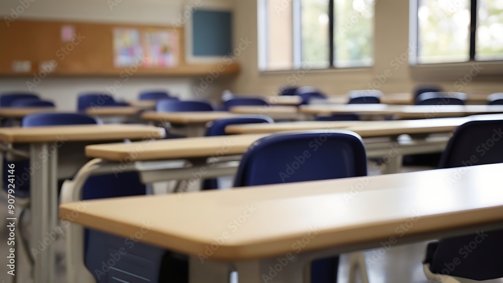a empty student desk arrangement in a classroom with a blurry background a empty student desk arrangement in a classroom with a blurry background