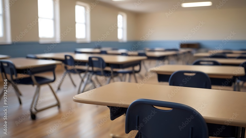 a empty student desk arrangement in a classroom with a blurry background a empty student desk arrangement in a classroom with a blurry background