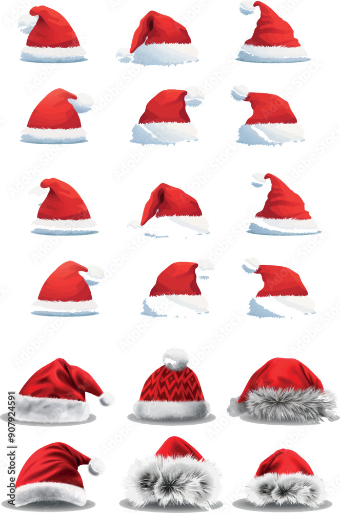 Realistic 3D Santa hats. Christmas party red head accessories. New year emblem, winter render. Pithy modern elements. Realistic 3D Santa hats. Christmas party red head accessories. New year emblem, winter render. Pithy modern elements.