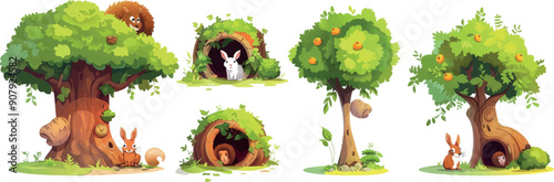 Insects in tree burrows. Bear hibernation, mouse, fox and owl nesting inside holes. Deer peeking out. Modern forest scene.