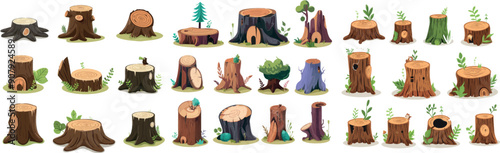 The set features wooden burrows, a hole in the tree, empty animals' houses, wood trunks, and a stump. There is also a forest landscape and woodland elements that are part of a modern cartoon picture.