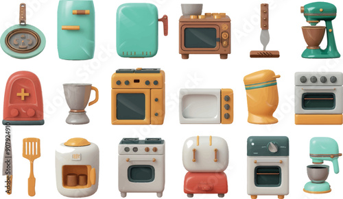 3D rendering of kitchen appliances. Stove, scale, refrigerator, microwave, toaster, espresso machine, pithy modern set.