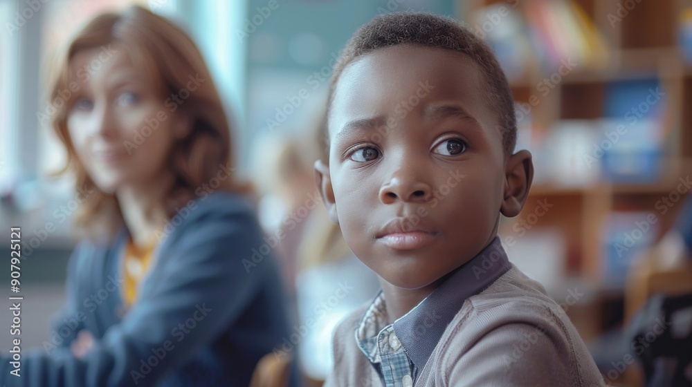 African American Boy student and Woman teacher tutor with homework learning in classroom. Day care studies. Generative ai