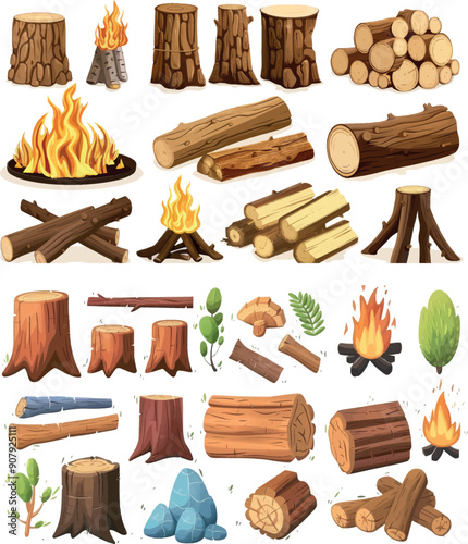 The firewood pile cartoon set consists of branches, logs, sticks, and branches of forest hardwood trees, burning bundles, and log trunks, a bright illustration on a white background.