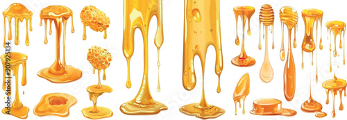 The surface of a honeypot is dripping with honey, which drips lathered with molasses, forming a sweet and delicious nectar. The illustration is isolated on a white background.
