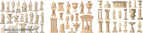Figures of male and female sculptures. Greek Roman vases, musical instruments, columns from ancient architectural monuments and archaeological artifacts isolated on white.