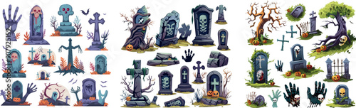 An isolated white background shows a cartoon grave hand. A fleshy hand holding a gravestone. A living dead wrist and a dead wrist. The gravestone is made from stone grass and driftwood, while the