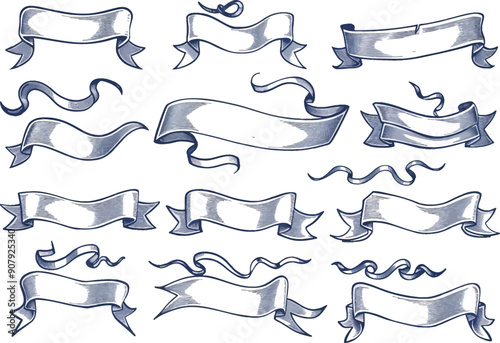 Modern decorative banners with simple ribbons. Hand drawn tape blank and labels. Modern ribbon set.