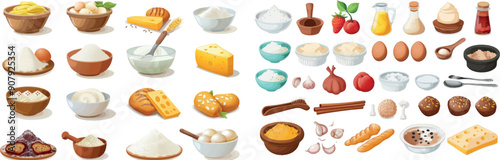 Baking ingredients cartoon. Flour pack, sugar bowl, eggs in glass jug, butter cinnamon honey and oil. Cooking neoteric modern collection.