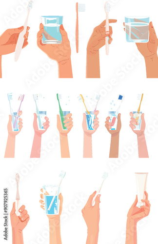 Inhalation of dental and oral hygiene products by humans. Children and adults use toothpaste and rinse aids when cleaning their teeth. Stomatology modern elements.