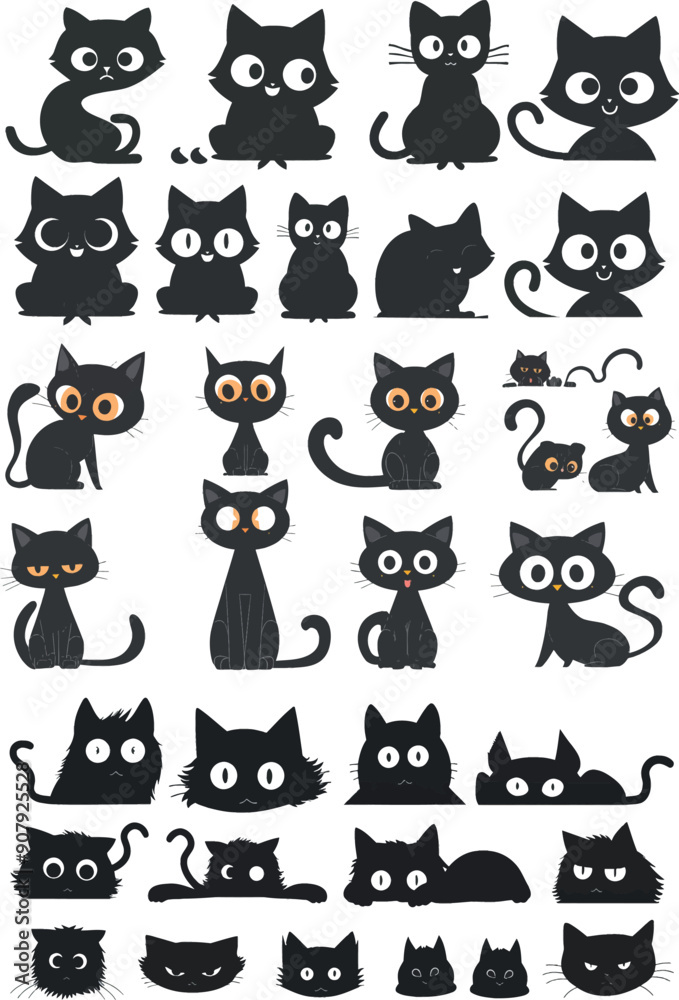 Peeking black cats silhouettes with big eyes. Playful muzzles and playful kitty backs. Spy pets snuggled closely to the modern objects. Peeking black cats silhouettes with big eyes. Playful muzzles and playful kitty backs. Spy pets snuggled closely to the modern objects.