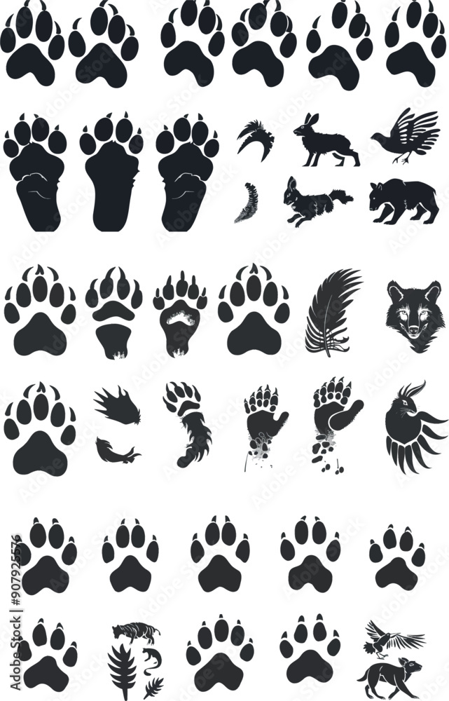 Tracking footprints of wild animals. Animal paw prints including lizard, crocodile, and cat. Footprints of reptiles and birds, decent modern hunting set