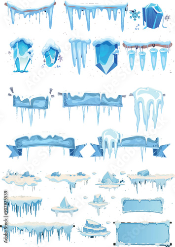 Decorative winter banners with snow caps and icicles. Modern christmas banner with ice.