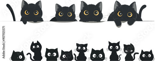 Spying cats and black cats peeking from corners, sly kittens looking and playful snugly modern stickers.