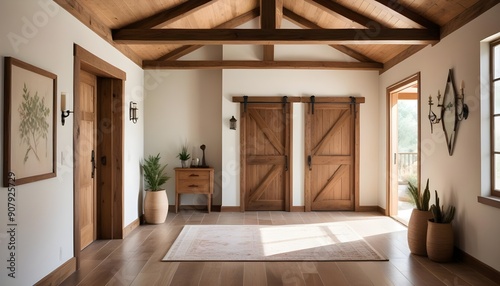 Interior design of a modern rustic entrance hall with a door in a cozy hallway with a beam ceiling and wooden wall decor in a farmhouse