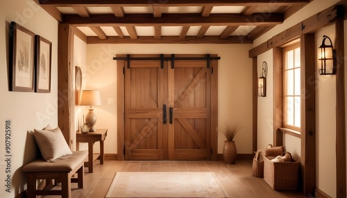 Interior design of a modern rustic entrance hall with a door in a cozy hallway with a beam ceiling and wooden wall decor in a farmhouse © LetsRock