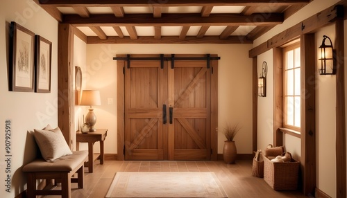 Interior design of a modern rustic entrance hall with a door in a cozy hallway with a beam ceiling and wooden wall decor in a farmhouse