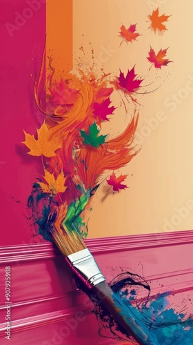 A paintbrush with vivid colors and autumn leaves coming out of the tip of the brush. Abstract artistic photo with pastel background.