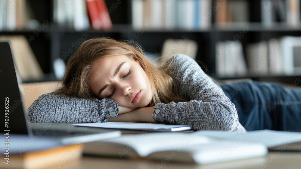 Exhausted female student taking nap while studying Exhausted female student taking nap while studying