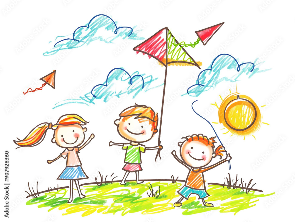 Hand drawn kids playing kites in the playground. Stick figure illustration on a white background.
Hand drawn kids playing kites in the playground. Stick figure illustration on a white background.