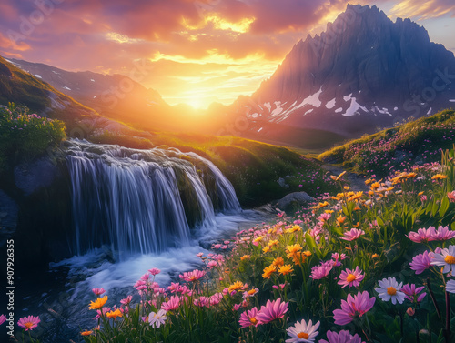 Waterfall with flower meadow at midnight sun