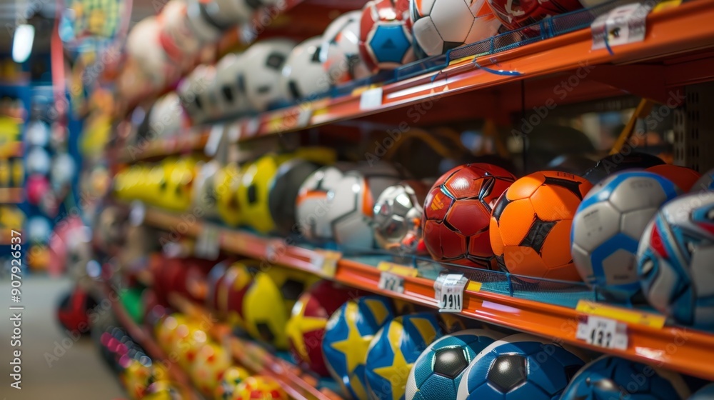 Fototapeta premium Colorful Soccer Balls on Shelves.