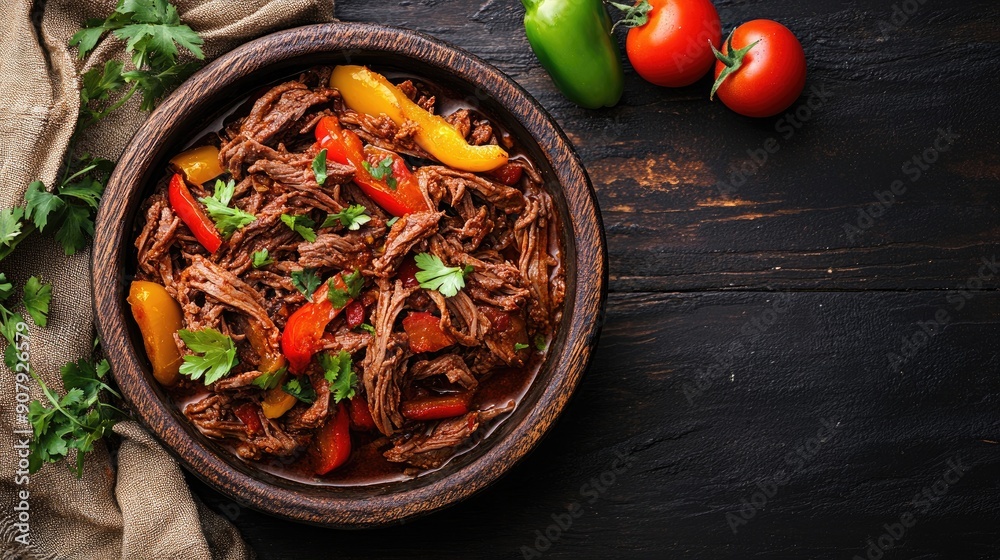 Top view of a traditional Cuban ropa vieja, shredded beef with peppers and tomatoes, with space for text. Top view of a traditional Cuban ropa vieja, shredded beef with peppers and tomatoes, with space for text.