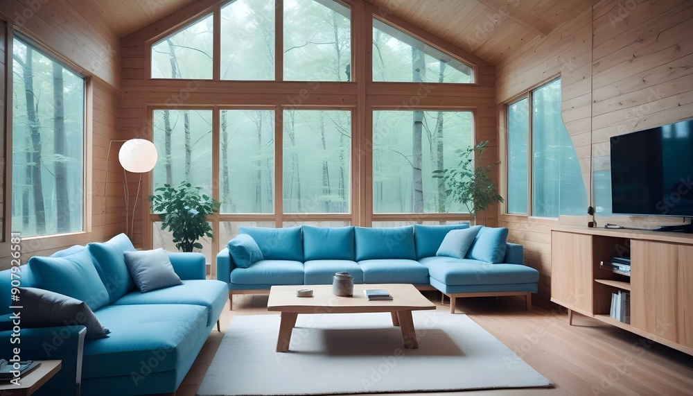 Interior design of a modern living room in a wooden house among the trees Interior design of a modern living room in a wooden house among the trees
