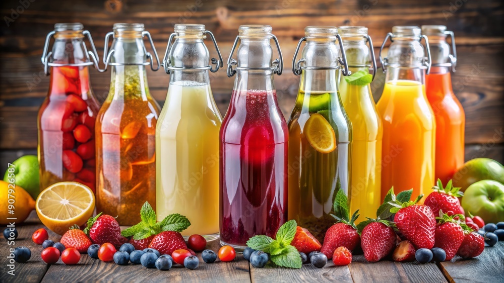 Set of glass bottles filled with colorful fermented tea drinks infused with fruits and berries, featuring various flavors of healthy kombucha beverages. Set of glass bottles filled with colorful fermented tea drinks infused with fruits and berries, featuring various flavors of healthy kombucha beverages.
