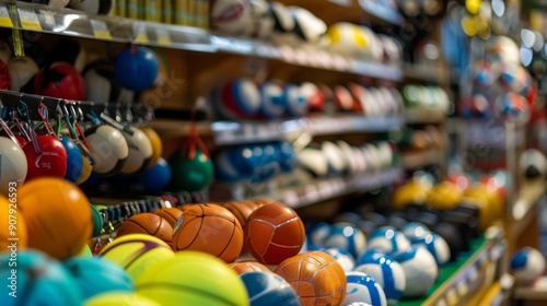 Sports balls on shelves in a store. photo