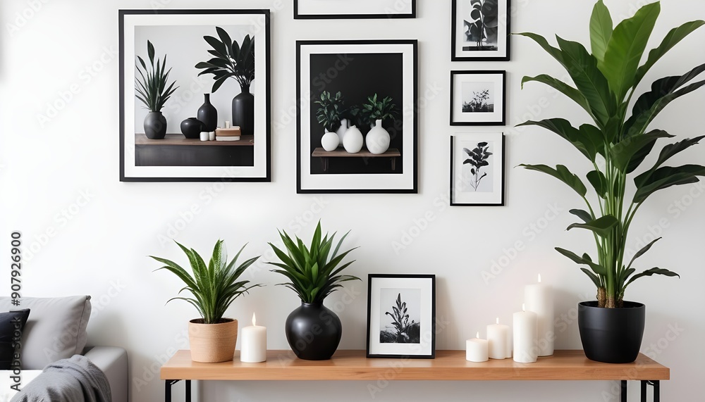 Interior design of a modern living room with a white wall and home decor pieces, featuring an empty mock-up black poster frame on a wooden shelf Interior design of a modern living room with a white wall and home decor pieces, featuring an empty mock-up black poster frame on a wooden shelf