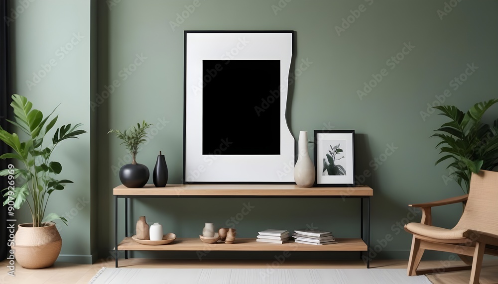 Obraz premium Interior design of a modern living room with a white wall and home decor pieces, featuring an empty mock-up black poster frame on a wooden shelf