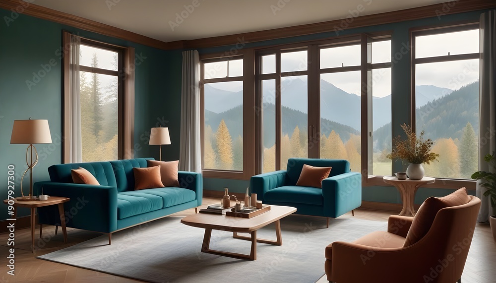 Interior design of a modern living room with a velvet terracotta sofa Interior design of a modern living room with a velvet terracotta sofa