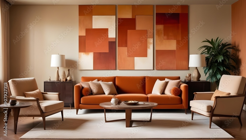 Fototapeta premium Interior design of a modern living room with a velvet terracotta sofa