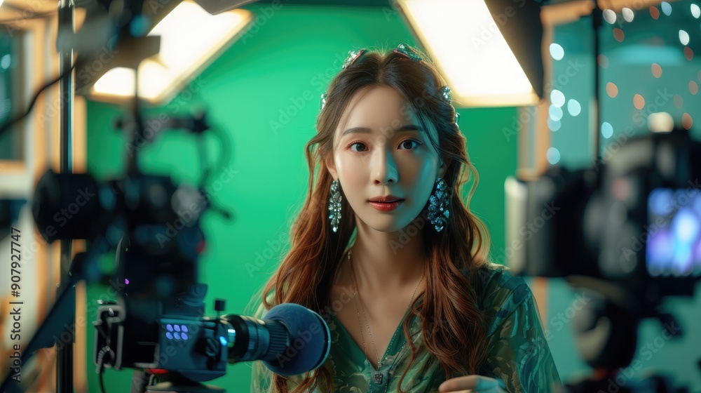 A beautiful Asian woman anchor is live streaming in front of a green screen, confidently facing the camera as she conducts her broadcast.