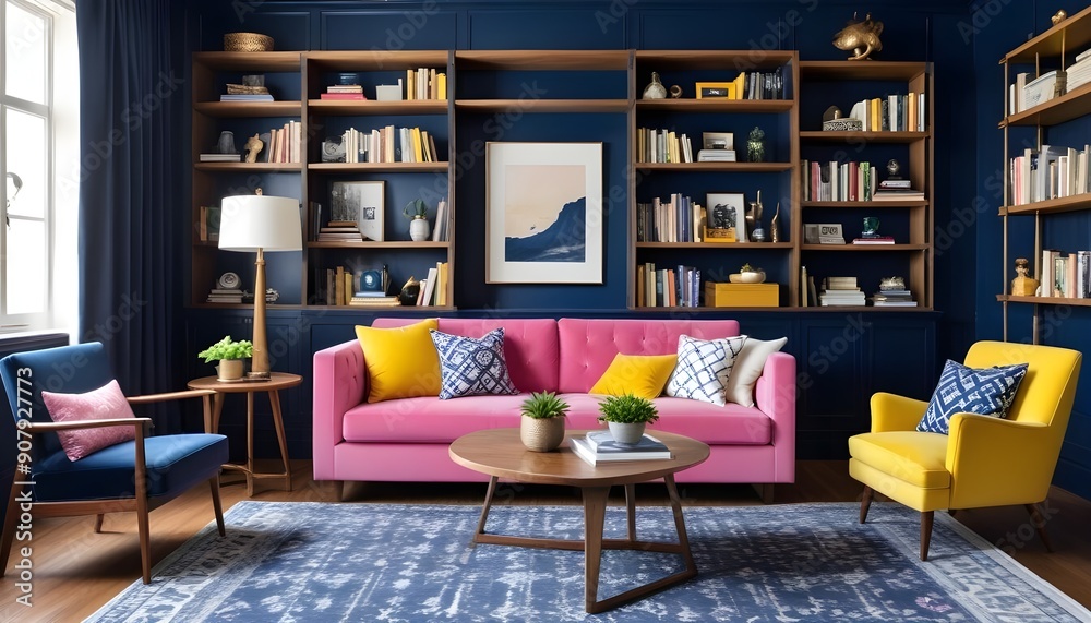 Interior design of a modern living room with a pink sofa Interior design of a modern living room with a pink sofa