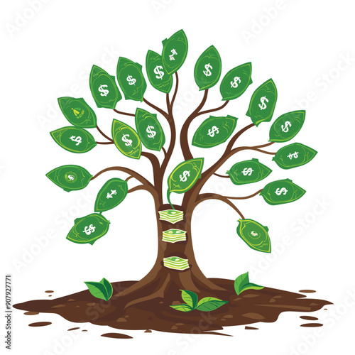 money tree growing leaves shaped dollar bills, symbolizing financial growth prosperity. Stacked cash base healthy green soil indicate wealth accumulation investment returns. Bright green shades
