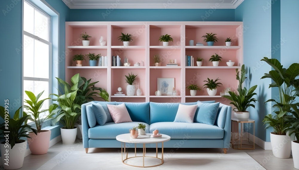 Interior design of a modern living room with a pink sofa Interior design of a modern living room with a pink sofa