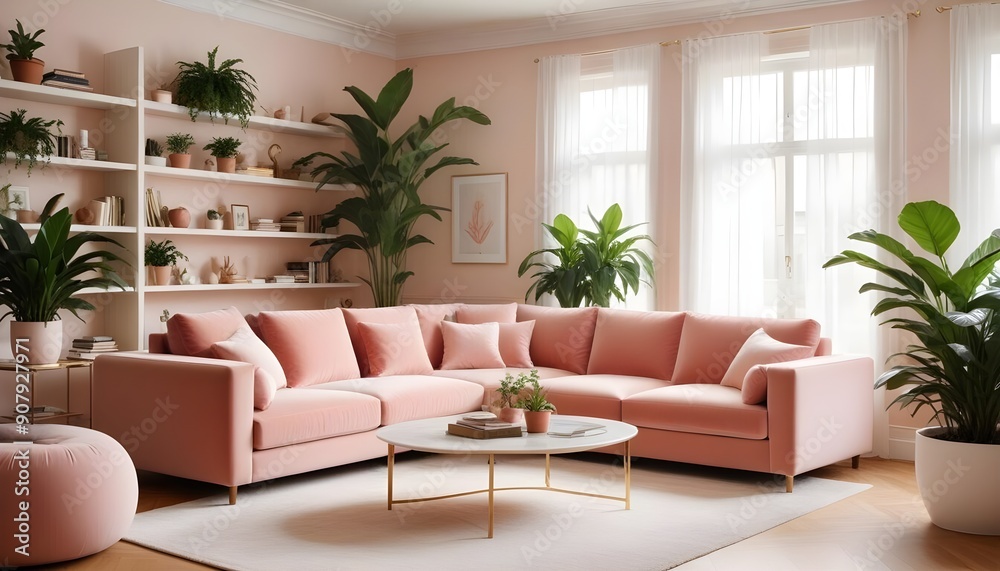 Interior design of a modern living room with a pink sofa Interior design of a modern living room with a pink sofa