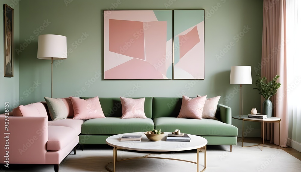 Interior design of a modern living room with a pink sofa Interior design of a modern living room with a pink sofa