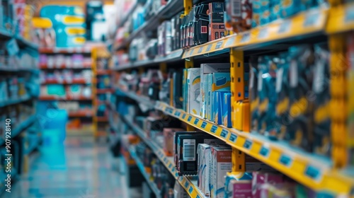 Grocery store shelves with colorful products.