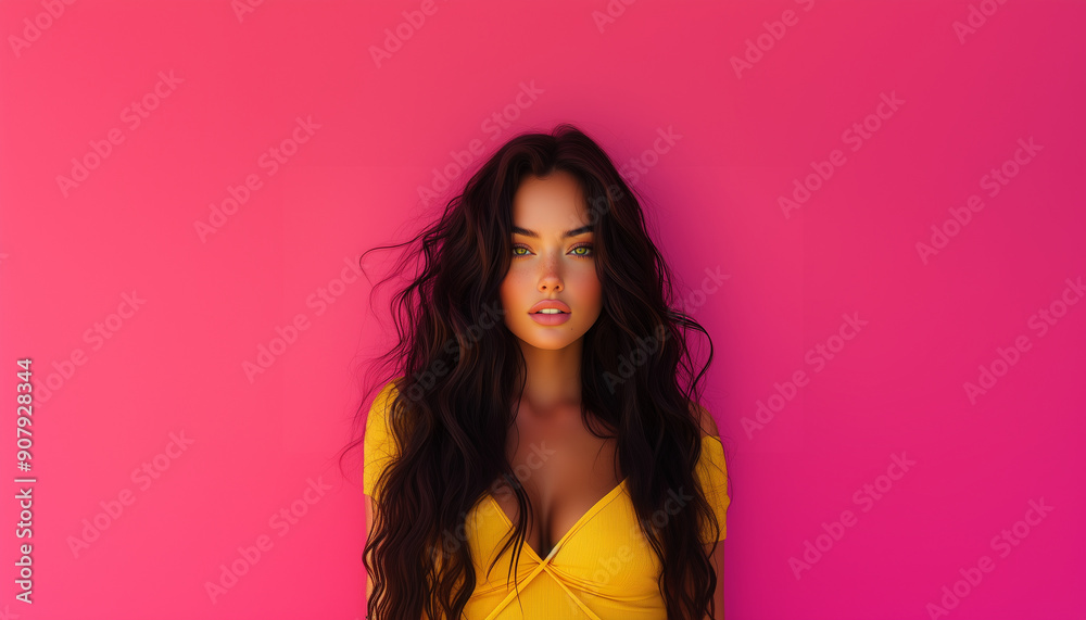 Portrait of an attractive young woman with dark hair, wearing yellow isolated on an pink background, shot in a studio.