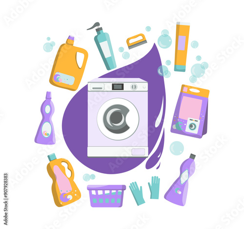 Washing machine. Laundry, household appliances. Washing home linen and a set of cleaning products. Packages and bottles with household chemicals. Soap foam, bubbles, drops.