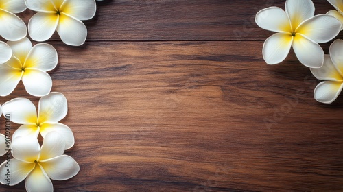 Tropical Elegance: Plumeria on Wooden Surface photo