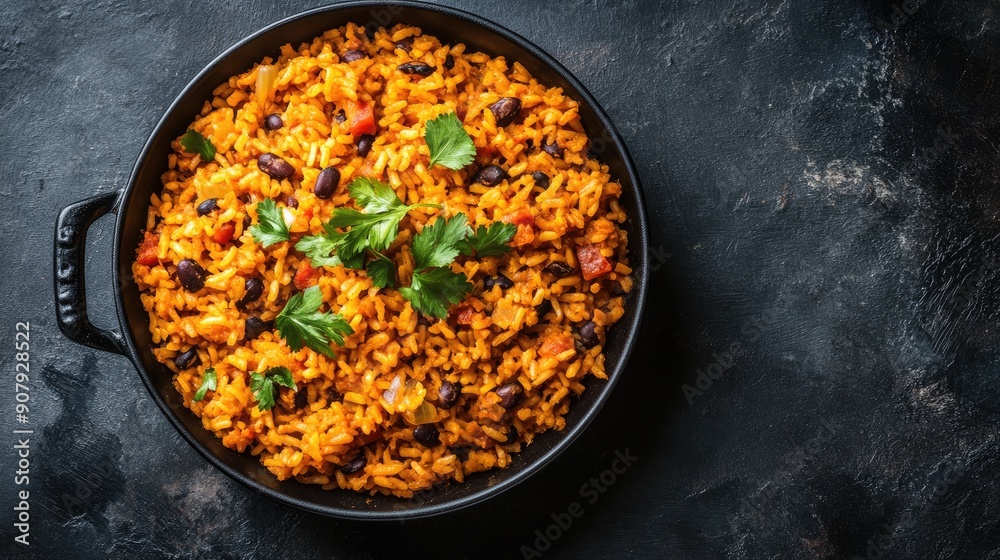 Top view of a traditional Puerto Rican arroz con gandules, rice with pigeon peas, with space for text Top view of a traditional Puerto Rican arroz con gandules, rice with pigeon peas, with space for text