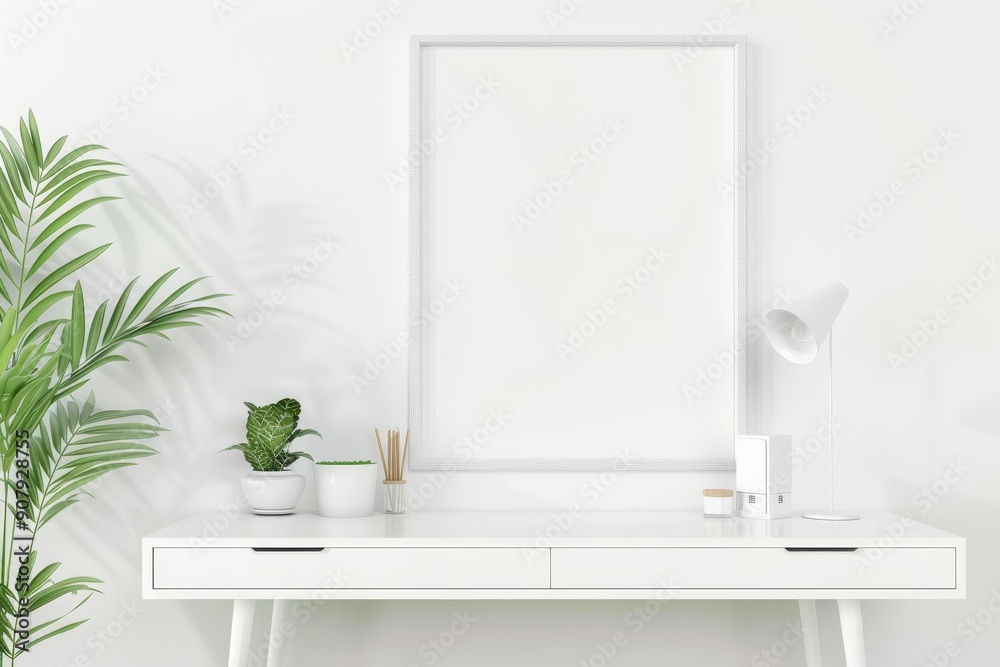 Fototapeta premium White hotel living room interior with drawer and dining table, mockup frame, Generative AI
