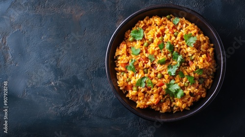 Top view of a traditional Puerto Rican arroz con gandules, rice with pigeon peas, with space for text